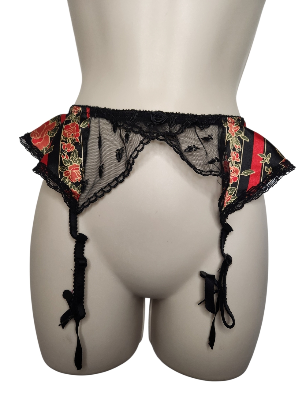 Valentino Intimo Sheer Black Mesh Garter Belt Red Floral Satin Lace Boudoir S/M